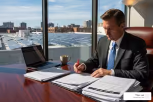Business attorney reviewing legal documents with solar panels visible outside the office window, emphasizing legal expertise in solar panel fraud.